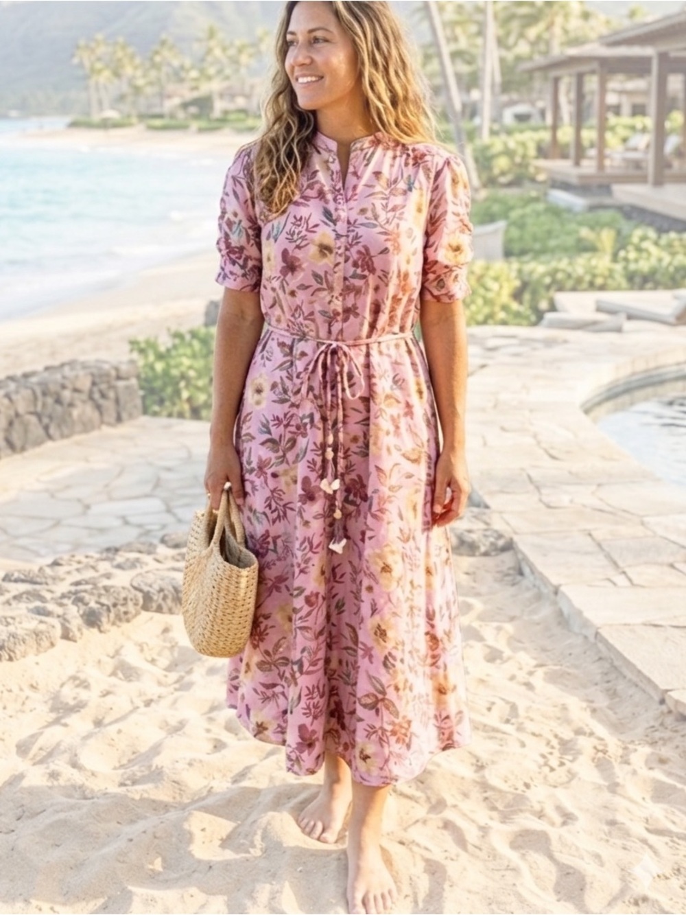 Lilly Colette pink Floral Boho Midi Dress L Puff Sleeve Cottagecore Modest Boho